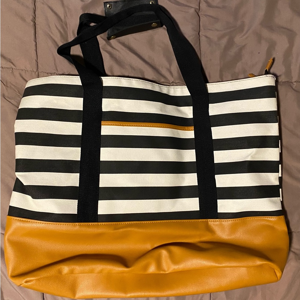 DSW Black and Tan Striped Tote with Brown Base